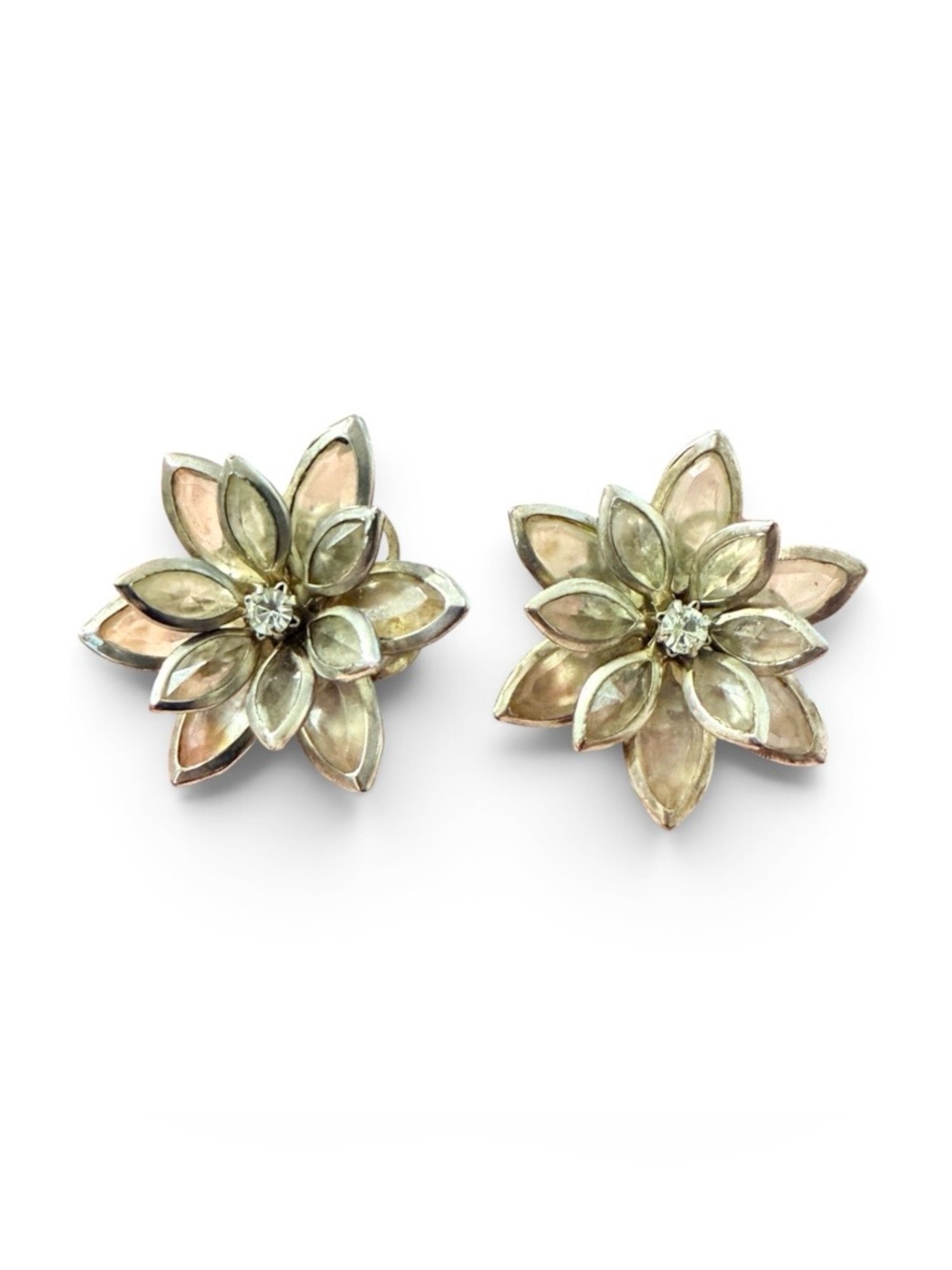 Fab 1950’s Vintage Clear 3D Flower Earrings with Rhinestone Center, Clip On’s